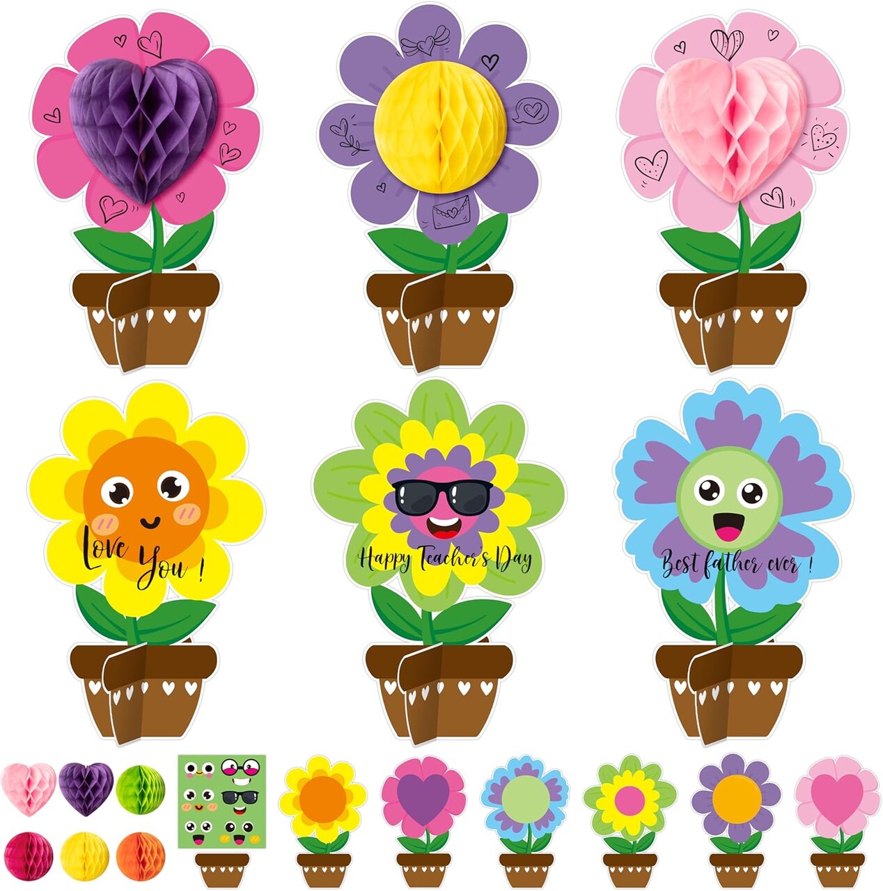 24 Pack Mother' Day Spring Honeycomb Flower Craft Kits, Make Your Flowers Pot Gift Crafts Decor, DIY Flowers Appreciation Gifts Home School Classroom Art Activities